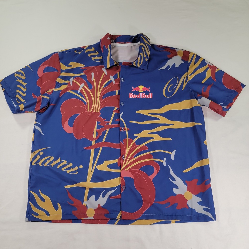 Red Bull Athletes Only Miami Hawaiian Shirt Mens Large Blue Floral F1 Racing